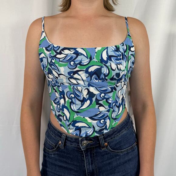 Midnight Sky Blue Green and White Floral Spaghetti Strap Crop Tank NWT Size Med - Picture 7 of 8